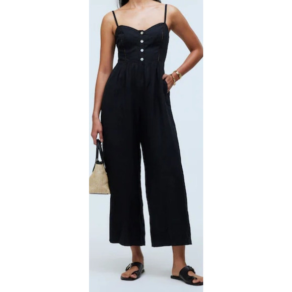 Madewell Sleeveless Wide Leg 100% Linen Trendy Button Jumpsuit US Womens 14 Plus - Picture 1 of 8